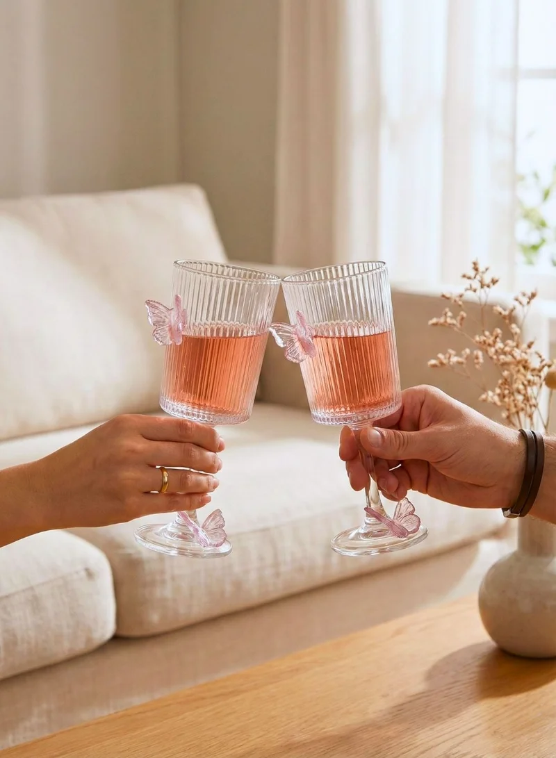 1Chase Ribbed Glass with Butterfly Design, 250ML Decorative Stemmed Drinking Glasses Set of 2, Elegant Wine & Cocktail Glasses for Parties, Gifting & Home Décor